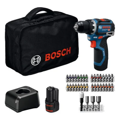 Bosch akumuliatorinis gręžtuvas-suktuvas GSR 12V-32, 2 × 2.0 Ah, transportavimo krepšys, 36 dalių priedų rinkinys