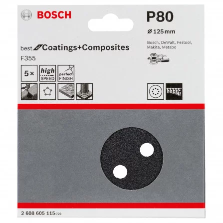 Bosch šlifavimo popierius F355, 125 mm, 80 grūdėtumas, 5 vnt.