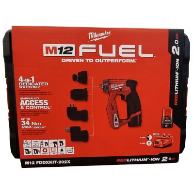 Akumuliatorinio gręžtuvo Milwaukee M12 FDDXKIT-202X rinkinys, 12 V, 2 x 2 Ah, įkroviklis, lagaminas + 4 griebtuvai