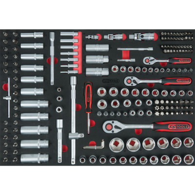 KS Tools 1/4"+3/8"+1/2" galinių raktų rinkinys, 195 dalių, 1/1 sistemos įdėkle (711.0195)