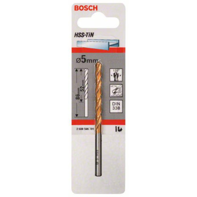 Bosch metalo grąžtas HSS-TiN DIN 338, 5 x 52 x 86 mm