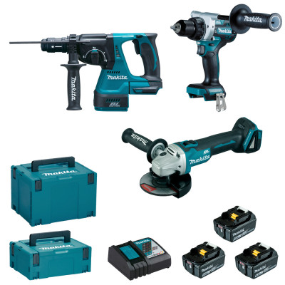 Makita DLX3202TJ, DDF492 + DHR243 + DGA506, 3×5,0 Ah – tool set with accessories