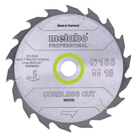 Pjovimo diskas Metabo "cordless cut wood - professional", 165x20 Z36 WZ 15° (628295000)